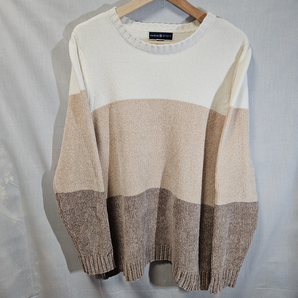 Karen Scott Women's Colorblock Crewneck Sweater - Cream & Tan sz M